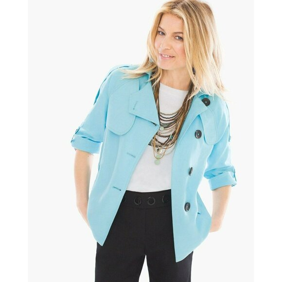 Chicos Womens Size 3 Cropped Linen Trench Jacket Light Blue Adjustable Sleeves - Picture 12 of 13